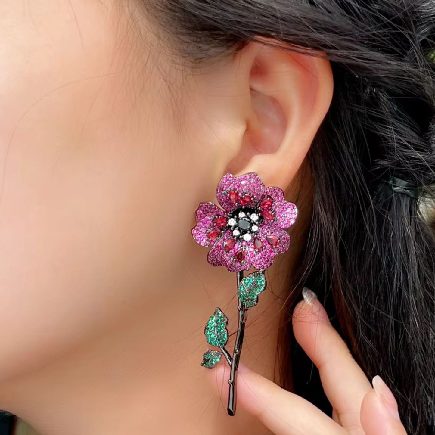 Red Flower & Leaf Earrings