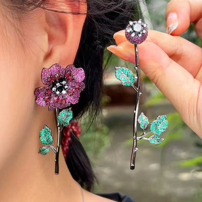 Red Flower & Leaf Earrings