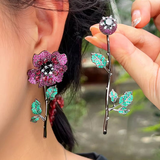 Red Flower & Leaf Earrings
