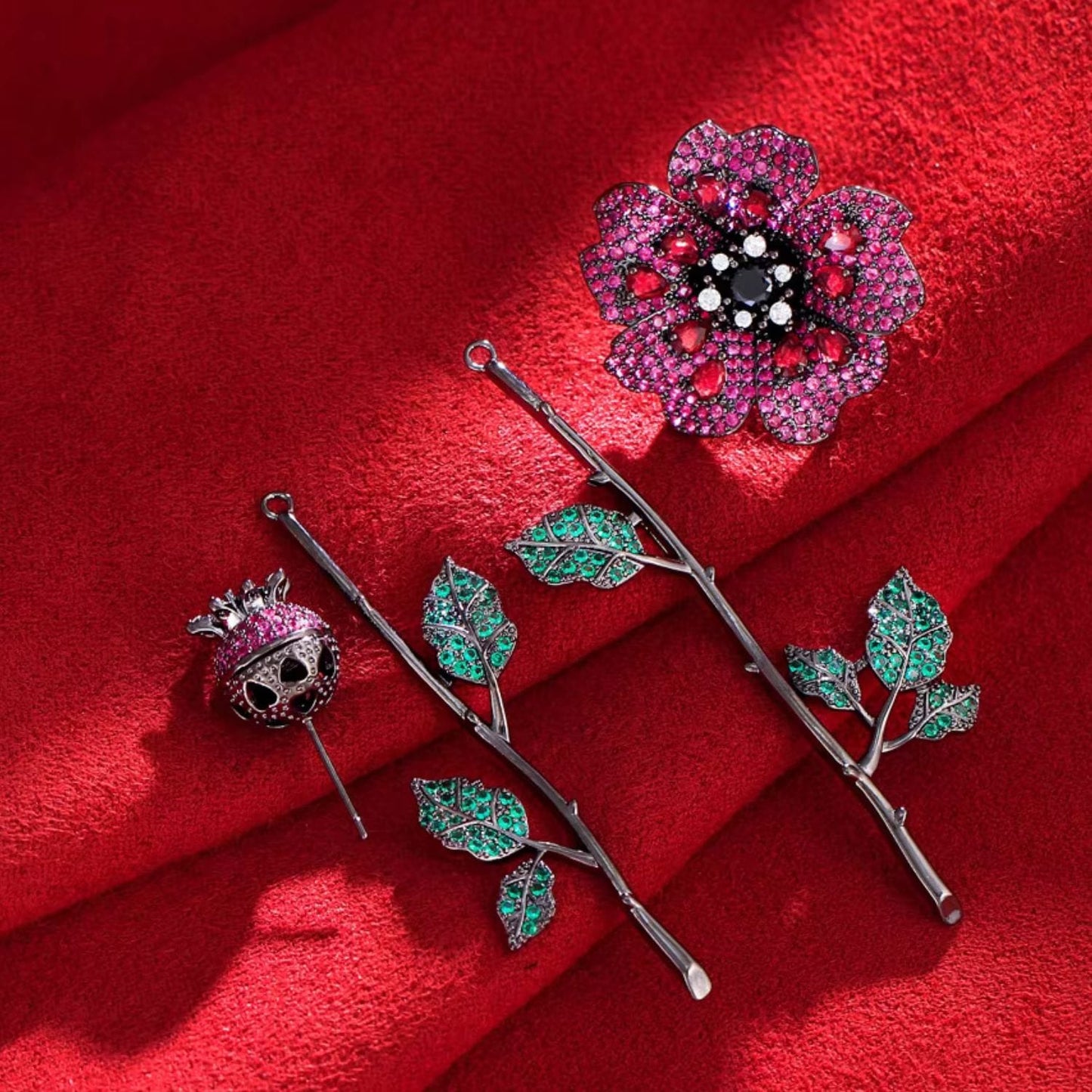 Red Flower & Leaf Earrings