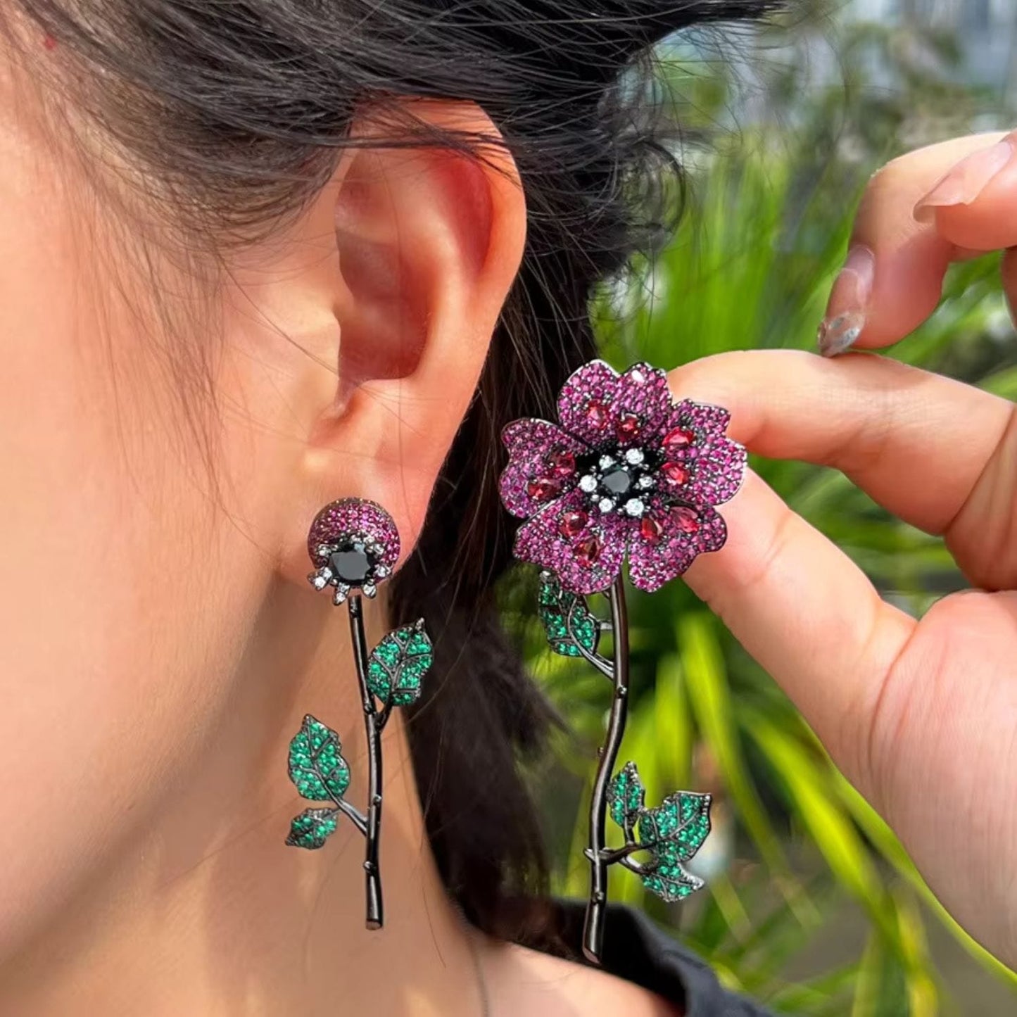 Red Flower & Leaf Earrings